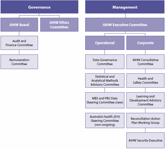 Figure 4.1 details the AIHW’s governance and management committees at 30 June 2016.