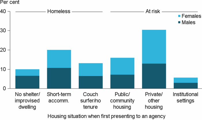 Figure DIS.5: Clients with with severe or profound core activity limitation, by housing situation at beginning of support, 2016–17. The stacked vertical bar graph shows that clients at risk of homelessness were most likely living in private or other housing (29%25), compared with homeless clients who were most likely in short-term accommodation (19%25). Across all housing situations the male/female client ratio was similar, except for those homeless with no shelter or improvised dwelling; they were more likely to be male.