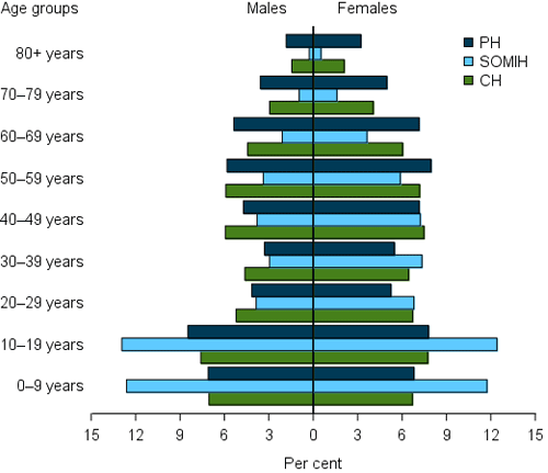 Male-female bar chart shows housing use by age group and program