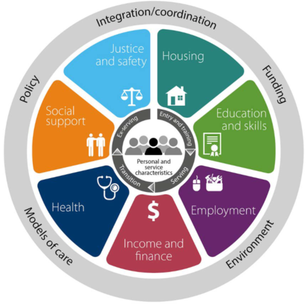 Figure 1 shows the veteran-centred model with personal and service characteristics surrounded by seven health and welfare domains.