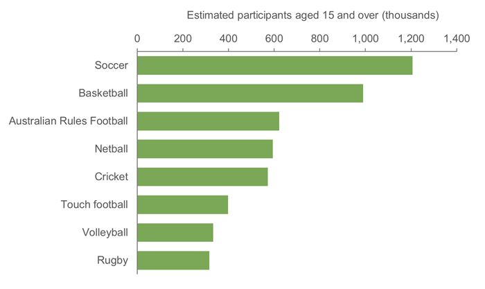 Bar graph of estimated participants in team sports, showing in order: soccer, basketball, netball, Australian rules football, cricket, touch football, rugby, hockey.