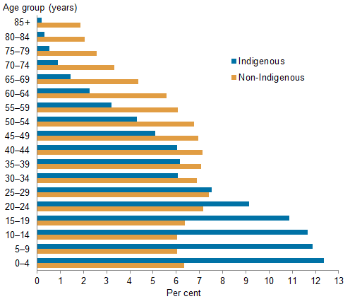 Horizontal bar chart showing for Indigenous and non-Indigenous; age group (years) (0-4 to 85 plus) on the y axis; per cent (0 to 13) on the x axis.