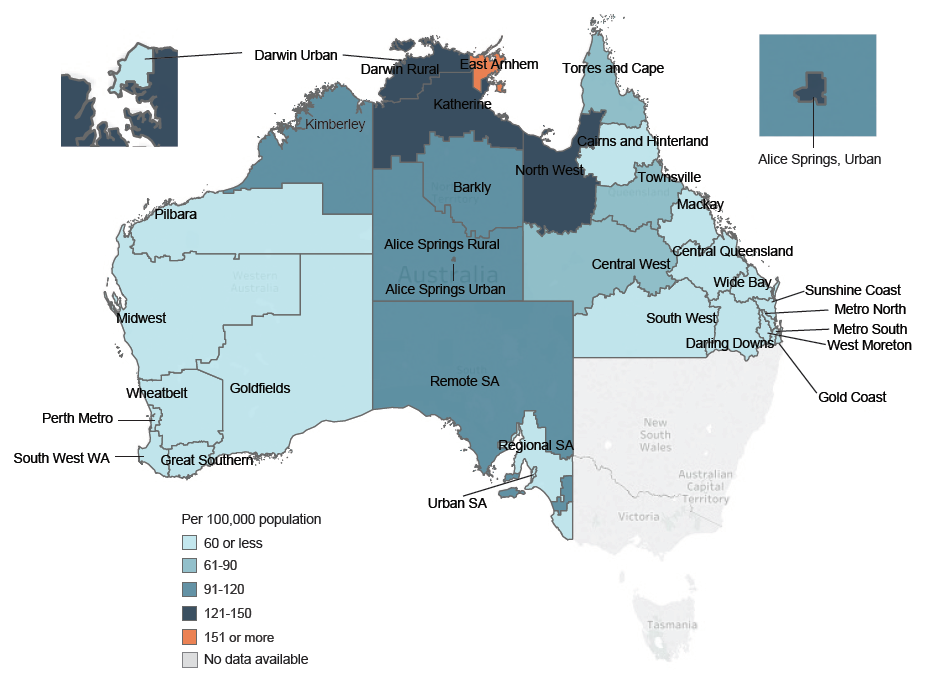 The map of Australia shows the distribution of RHD diagnoses among Indigenous Australians in Queensland, Western Australia, South Australia and Northern Territory. The areas with the greatest rates are East Arnhem in NT and North West Qld.  Metropolitan areas in Qld, WA and SA have the lowest rates. More information is located in the data tables, RHD Table 12.
