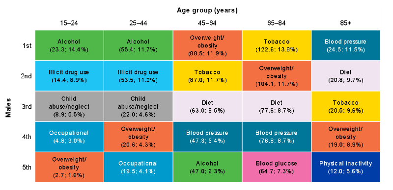This chart shows the top five risk factors contributing to ill health and premature death for Australian males by age groups. Overweight and obesity is represented as one of the top five risk factors in each of the age groups. Alcohol is the leading risk factor for age group 15-44 years, overweight and obesity leads for the 45–64-year age group, tobacco use leads for 65-84 years, and blood pressure leads for the 85+year group.