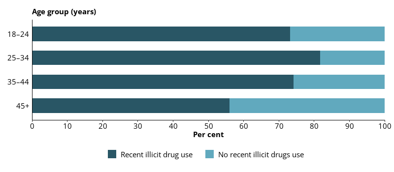 This horizontal bar chart shows reported illicit drug use in the previous 12 months in entrants, by age group.