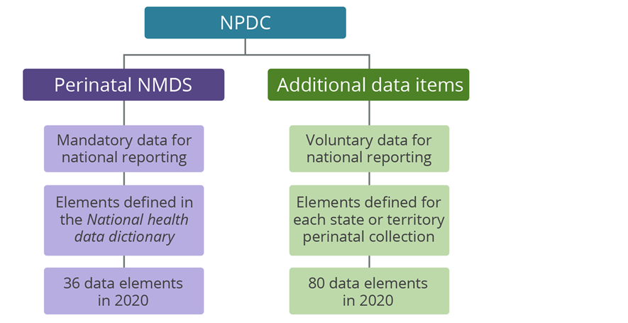 The figure demonstrates that the National Perinatal Data Collection can be broken down into the Perinatal National Minimum Data Set (NMDS) and additional data items. In 2020, there were 34 NMDS data elements and 75 voluntary additional data elements.