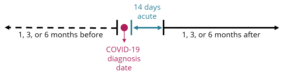 Diagram shows how usage patterns were considered in this report by showing a timeline of months before diagnosis, the diagnosis date, the 14 days acute phase, and months after diagnosis (see preceding text for context).