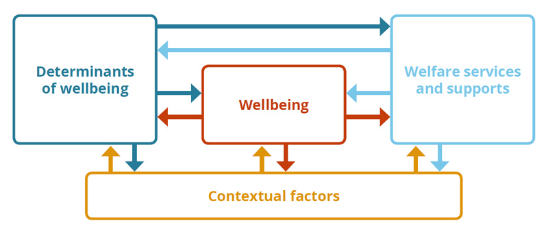 This figure shows there are three interrelated factors that make up wellbeing: welfare services and supports, contextual factors and determinants of wellbeing.