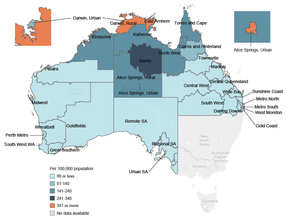 The map of Australia shows the distribution of where patients were diagnosed with ARF among Indigenous Australians in Qld, WA, SA and NT. the region with the highest rate of ARF onset was Rural Darwin (391 per 100,000 population, 252 diagnoses). Metropolitan areas in Qld, WA and SA have the lowest rates. More information is located in the data tables, ARF Table 5.