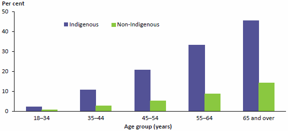 Figure 2.5 compares the proportions of adult diabetics who were Indigenous and non-Indigenous, for 5 age groups, in 2011–23. The proportions rise with age for both population groups, however the proportions are substantially higher for Indigenous people in every age group. Data are available in Table A8.18.