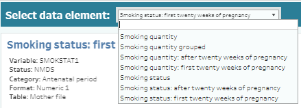 The static image shows an example drop down list of smoking related data elements.
