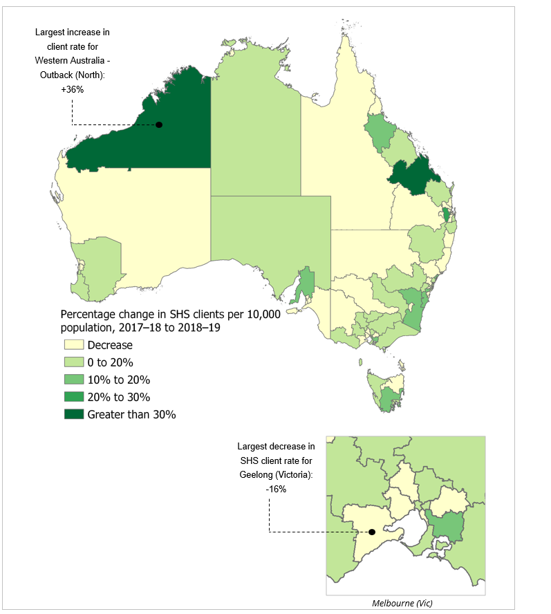 Figure CLIENTLOC.1: Change in SHS clients per 10,000 population (per cent), by Statistical Area 4 (SA4), 2017–18 to 2018–19. A map of Australia, with an inset for Melbourne (Vic), shows the percentage change in the rate of clients seeking SHS services from 2017–18 to 2018–19, by SA4. Each SA4 is differentially coloured into five classes, using natural break classification, according to the percentage change in SHS clients per 10,000 population from 2017–18 to 2018–19. The largest increase in client rate was in Western Australia-Outback (North) increasing 36%25 and the largest decrease was in Geelong (Victoria) which decreased by 16%25.