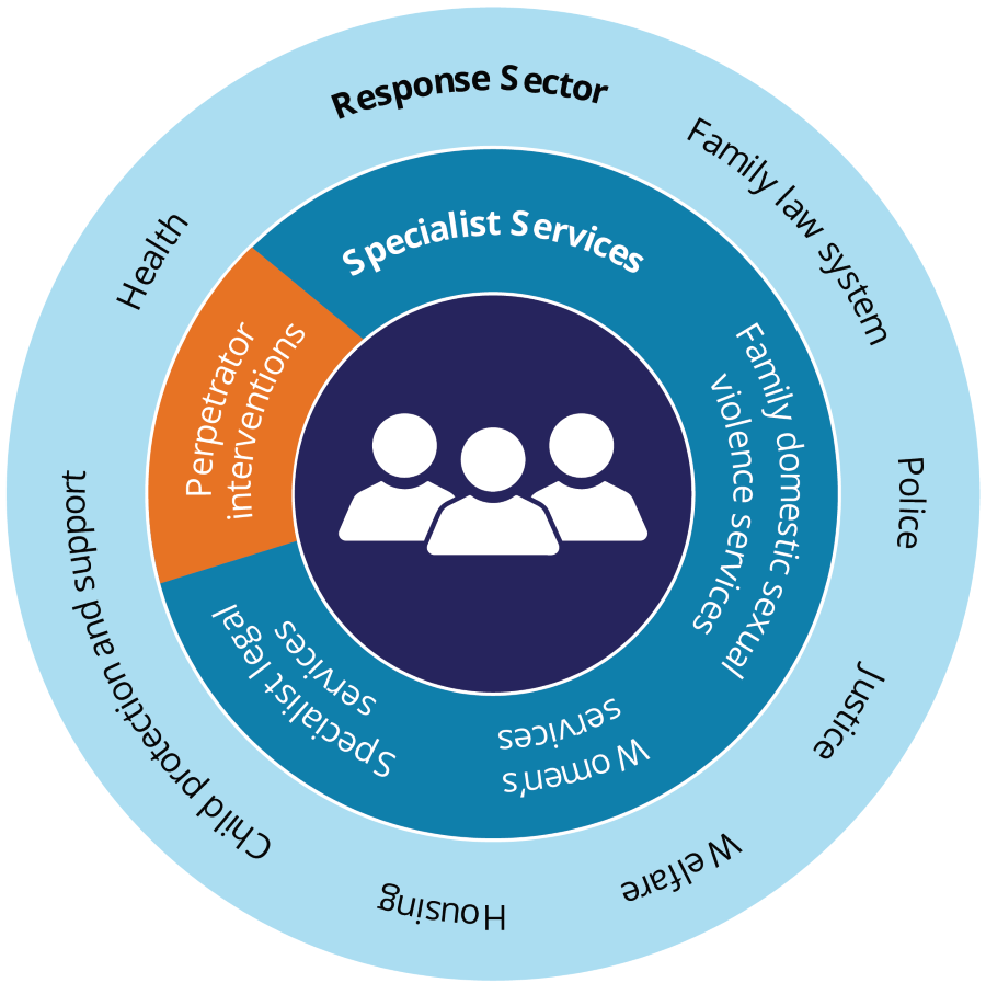 A circular diagram shows some examples of services responding to FDSV. The outer circle is the response sector includes mainstream services such as police, justice and housing. The inner circle is specialist services, such as perpetrator interventions.