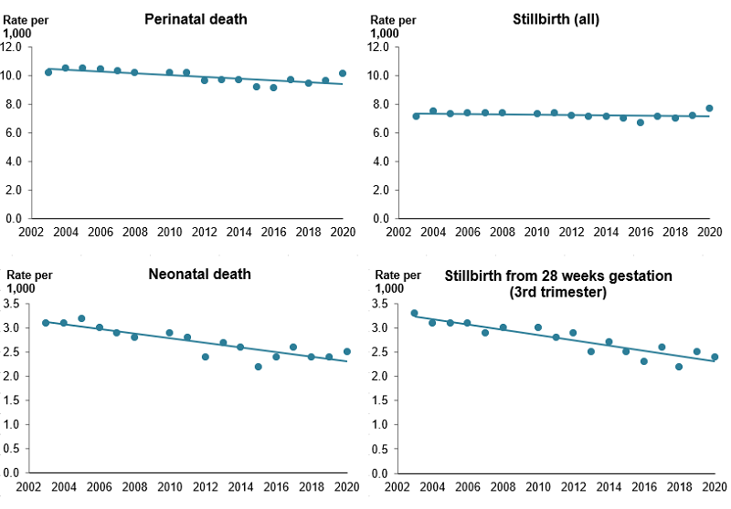 The chart includes 4 scatter plots showing the rate of perinatal death, stillbirth, neonatal death, and stillbirth from 28 weeks' gestation over time from 2003 to 2020.