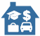 Image of a house containing symbols for education, income, work, and transport.