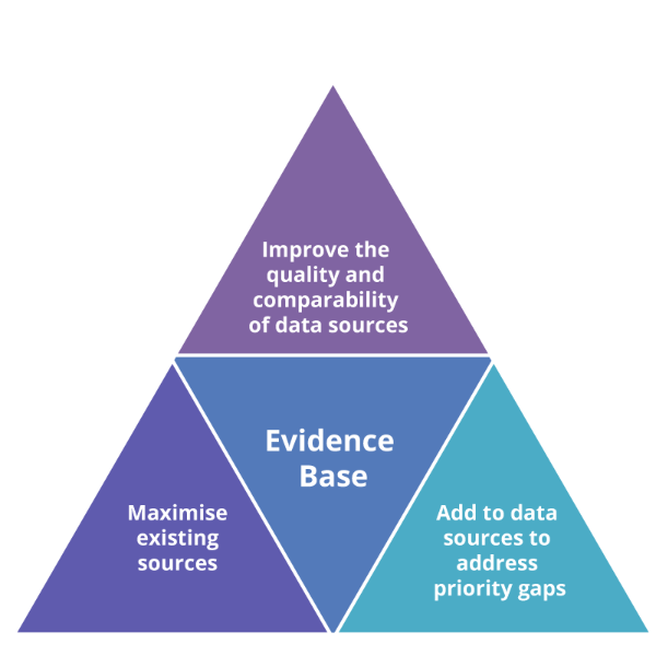 Figure DATA.1: Priority themes to improve the evidence base for people with disability
Diagram showing 3 priority themes supporting the evidence base. The themes are: 1) Improve the quality and comparability of data sources, 2) Maximise existing sources, and 3) Add to data sources to address priority gaps.