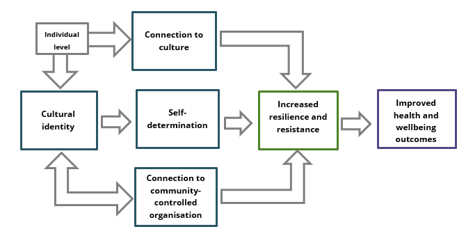 Flow chart of the interactions between the cultural determinants of health and the outcomes of increased resilience and resistance and improved health and wellbeing.