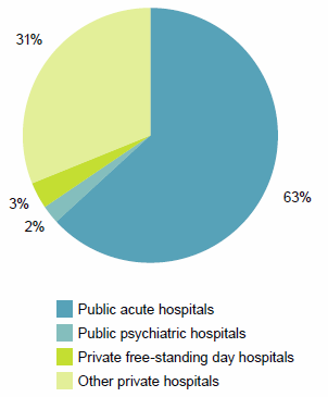 This pie chart shows that 63%25 of hospital beds are in Public acute hospitals, 31%25 are in Other private hospitals, 3.3%25 are in Private free standing day hospitals and 2.4%25 are in Public psychiatric hospitals. The data for this figure are available in Chapter 2 of Hospital resources 2014–15: Australian hospital statistics.