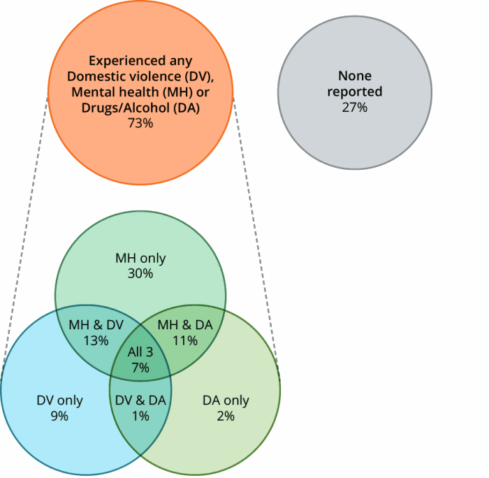 Figure DIS.2 Clients with severe or profound core activity limitation, by selected vulnerability characteristics, 2016–17. The diagram shows that 73%25 of clients with severe or profound disability also presented with one or more selected vulnerabilities, domestic and family violence, mental health issues or problematic drug and or alcohol use. 27%25 reported none of these. 61%25 of clients with severe or profound disability reported a current mental issue; of these clients 13%25 reported domestic and family violence and mental health issues, and a further 11%25 problematic drug and or alcohol use and mental health issues. An additional 7%25 of clients with severe or profound disability reported all three selected vulnerabilities.