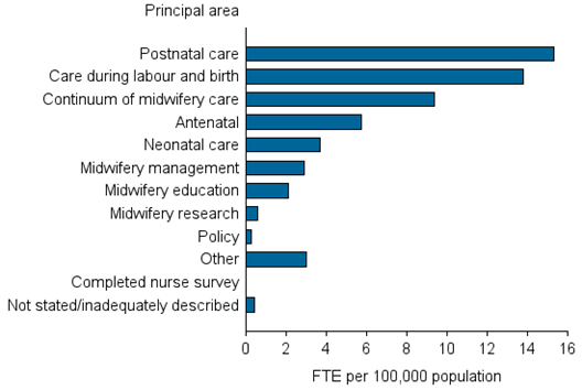 Horizontal bar chart showing; Principal area of main job on the y axis; FTE per 100,000 (0 to 16) on the x axis.