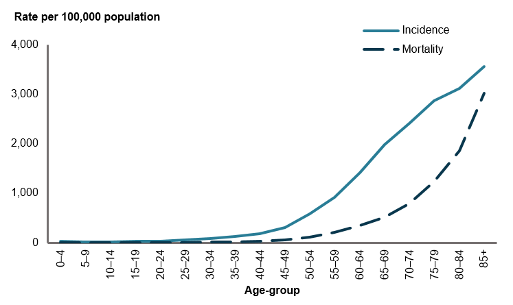 This line graph shows there was relatively low incidence of cancer among younger age groups 0–4 to 20–24, with incidence gradually increasing for those aged 25–29 to 50–54, and then increasing sharply between those aged 50–54 to 85 and over. The cancer mortality rate line is relatively low until age 40–44, when it then begins to increase exponentially in each successive age group to those aged 85 and over.