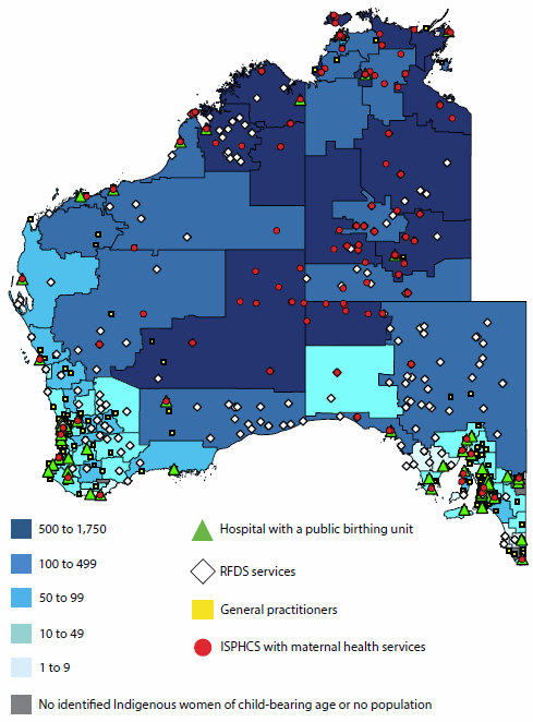Map of Western and Central Australia showing the locations of hospitals with public birthing units, RFDS services, general practitioners, and ISPHCS with maternal health services. The map also shows the number of Indigenous women aged 15-44 in each region. Most hospitals, RFDS services, and general practitioners are located closer to the coast, while ISPHCS with maternal health services are spread more evenly through Central Australia.
