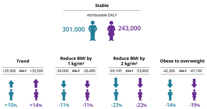 This infographic presents the change in attributable burden for males and females in 2030 in each scenario where exposure to living with overweight (including obesity) in the population is varied, relative to the stable scenario. If current trends continued, the trend scenario, attributable burden could be expected to increase by 10%25 and 14%25 for males and females, respectively, compared with the stable scenario. In the scenario where the population at risk reduced their BMI by 1 unit, and these rates were maintained to 2030, attributable burden could be expected to decrease by 11%25 for both males and females. If the population at risk reduced their BMI by 2 units, attributable burden could be expected to decrease by 23%25 and 22%25 for males and females, respectively, compared with the stable scenario. If the obese population only were to reduce their BMI to overweight status (that is, if there was no obesity in the population), attributable burden could be expected to decrease by 14%25 and 19%25 for males and females, respectively.