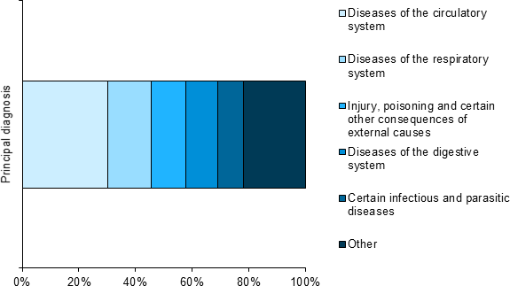 This single horizontal bar chart shows the proportion of deaths in hospital that involved an intensive care unit stay by principal diagnosis chapter. This chart shows that about 30%25 of separations that ended in death which involved a stay in an ICU reported a principal diagnosis within Diseases of the circulatory system.