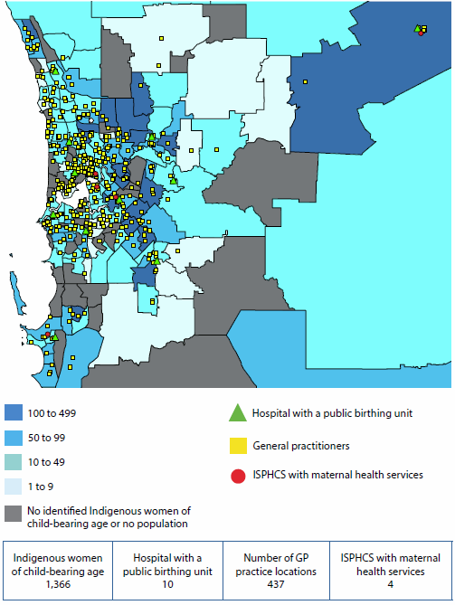 Map of Perth showing the locations of maternal health services and the number of Indigenous women aged 15-44 in each region. There is a high concentration of maternal health services around the city centre, but very few in the outer regions of the city.