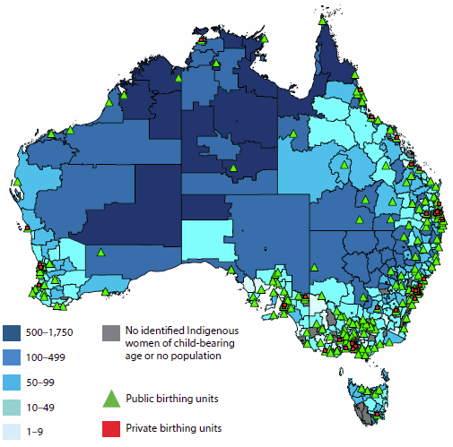 Map of Australia showing the locations of public and private birthing units, as well as the number of Indigenous women of child-bearing age in each region. Most birthing units are situated along the coast.