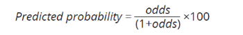 Image is of an equation. Predicted probability equals odds divided by bracketed 1+odds, multiplied by 100.