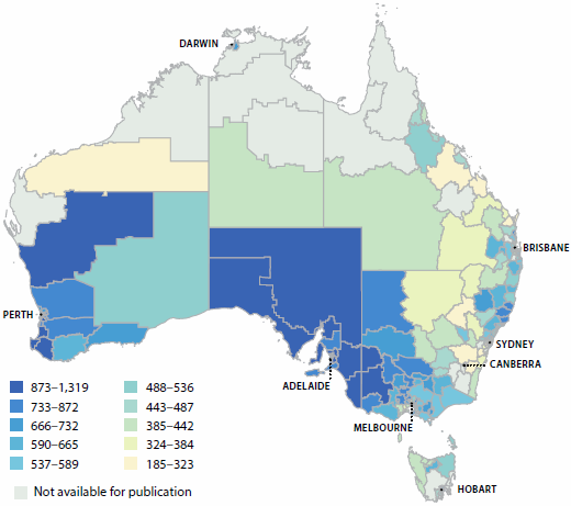 Map of Australia showing the rate of knee arthroscopy hospitalisations per 100000 people aged 55 and over in local areas across the country, in 2012-13. Most hospitalisations occurred in South Australia.