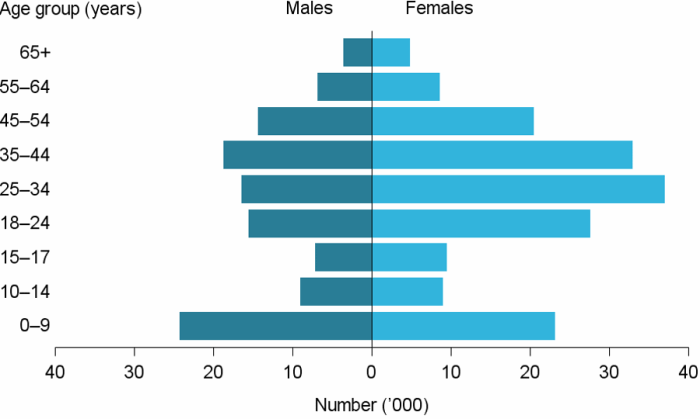 Figure CLIENTS.3 Clients, by age and sex, 2016–17. The horizontal population pyramid shows the marked differences between the age profiles of male and female SHS clients. The highest numbers of male clients were aged between 0 and 9 years (over 24,000) while females aged 25–34 were the age group with highest number (nearly 37,000). These data reveal that males accessing services were more likely to be children in family groups.