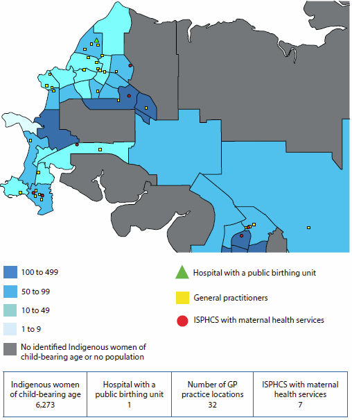 Map of Darwin showing the locations of maternal health services and the number of Indigenous women aged 15-44 in each region. There are very few maternal health services compared to Sydney, but there are more Indigenous women of child-bearing age.