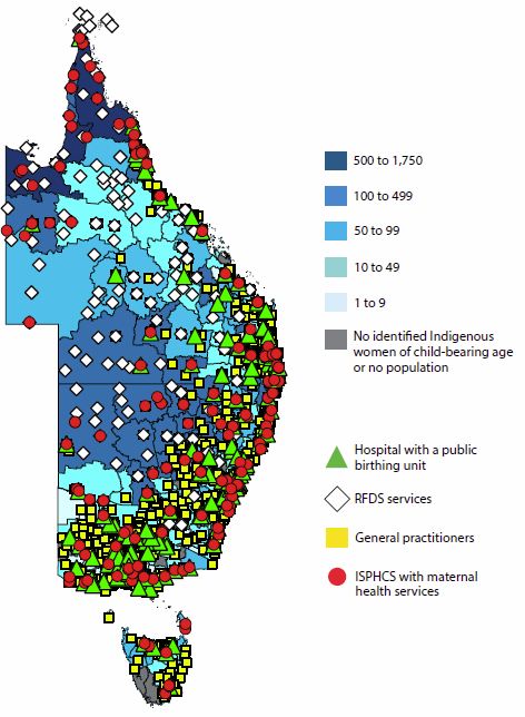 Map of Eastern Australia showing the locations of hospitals with public birthing units, RFDS services, general practitioners, and ISPHCS with maternal health services. The map also shows the number of Indigenous women aged 15-44 in each region. The East Coast has a high concentration of maternal health services.