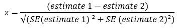 Equation for calculating the z-score. The z-score is calculated by subtracting the first estimate by the second. Then the square root is taken of the first standard error estimate which is then squared followed by the standard error multiplied by the second estimate which is then squared. The first calculation is then divided by the last two calculations.