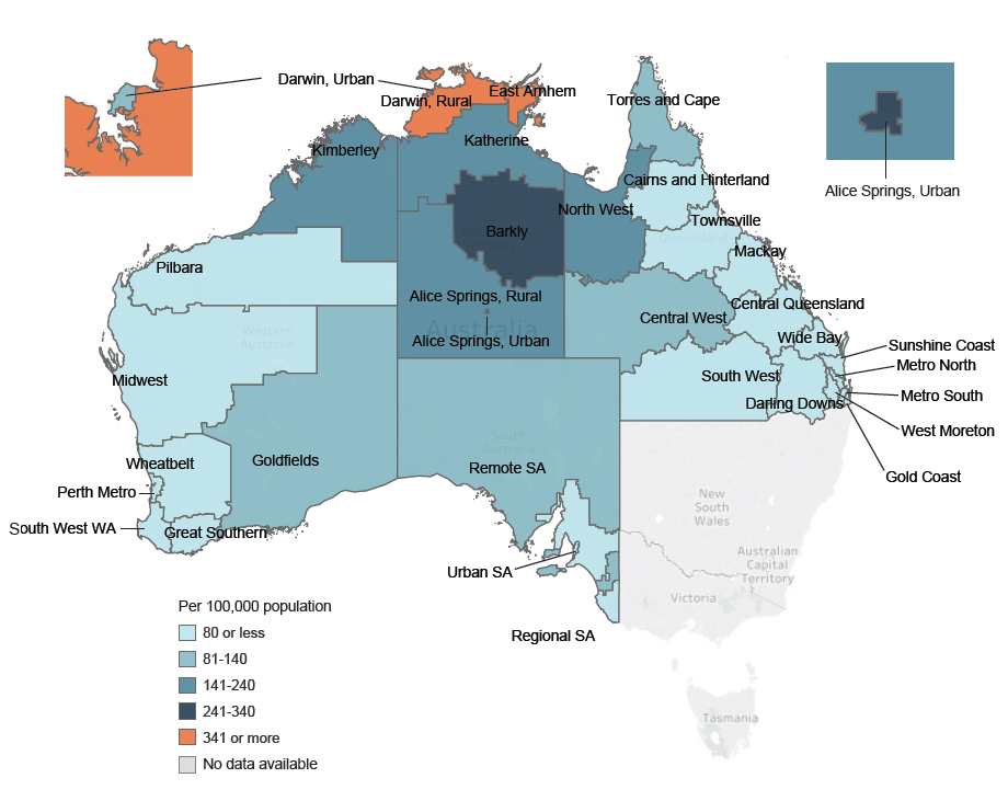 The map of Australia shows the distribution of where patients received majority of their primary health care. Over the period 2013–2017, Rural Darwin in the NT (387 per 100,000 population; 249 diagnoses) managed the greatest number of Indigenous Australians with recently diagnosed ARF. More information is located in the data tables, ARF Table 6.