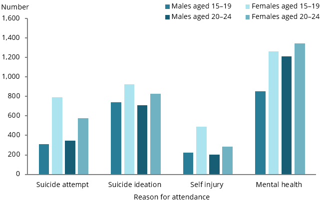 The column chart shows that the number of incidents involving suicidal behaviours was higher among those aged 15–19 than among those aged 20–24. For both age groups, the number was consistently higher for females than males. The number of incidents involving mental health was lower among those aged 15–19 than among those aged 20–24. For both age groups, the number was higher for females than males.