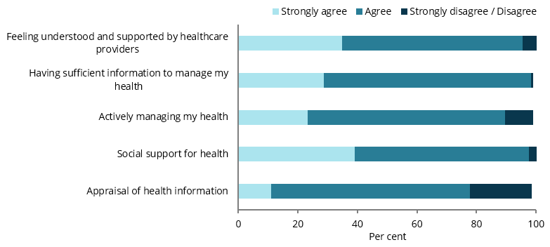 The stacked bar chart shows that most young people agree or strongly agree with the following aspects: Feeling understood and supported by healthcare providers (95%25), Having sufficient information to manage my health (98%25), Actively managing my health (90%25), Social support for health (98%25) and Appraisal of health information (78%25).