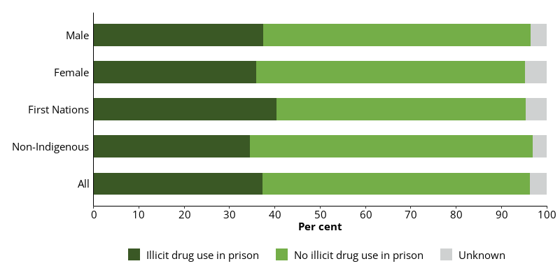 This horizontal bar chart shows female dischargees (36%) were similarly as likely as male dischargees (38%) to report using illicit drugs in prison.