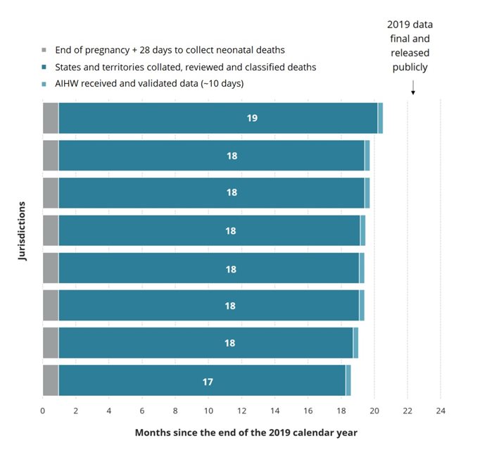 The figure shows a bar chart of the months elapsed between the end of pregnancy plus 28 days to collect neonatal deaths and the public release of National Perinatal Mortality Data Collection data.