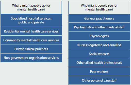 Overview of mental health services and workforce. Places people might go for mental health care include: specialised hospital services; public and private, residential mental health care services, community mental health care services, private clinical practices, and non-government organisation services. Professionals who people might see for mental health care include: general practitioners, psychiatrists and other medical staff, psychologists, nurses; registered and enrolled, social workers, other allied health professionals, peer workers, or other personal care staff.