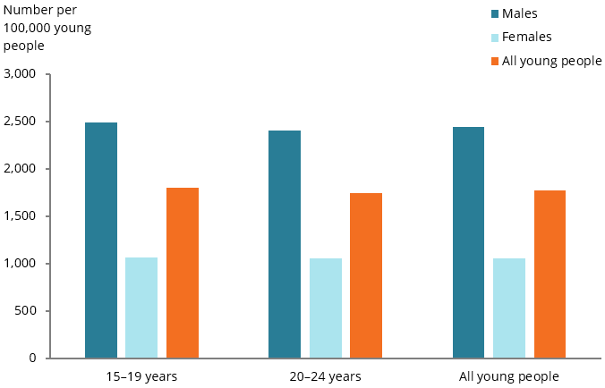 This column chart shows that the rate of hospitalised unintentional injury cases is higher among males than females for both those aged 15–19 and 20–24.