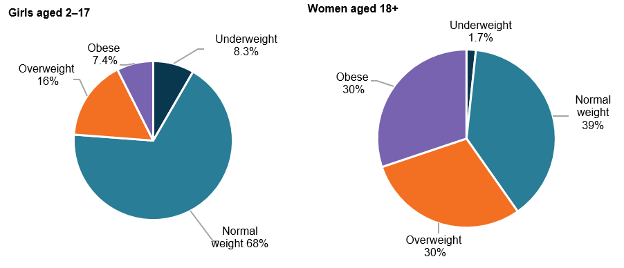 This figure is comprised of two pie charts. The first shows that, for girls aged 2–17, 8.3%25 were underweight, 68%25 were normal weight, 16%25 were overweight and 7.4%25 were obese. The second pie chart shows that, for men aged 18 and over, 1.7%25 were underweight, 39%25 were normal weight, 30%25 were overweight and 30%25 were obese.