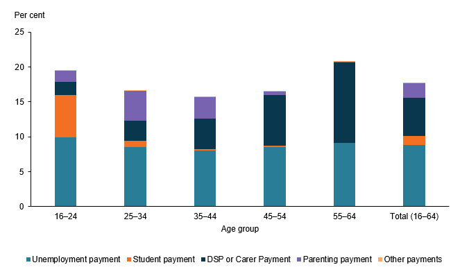 The stacked column chart shows that a slightly higher proportion of those aged 16–24 received unemployment payments (10%25) than other age groups, with the lowest for those aged 35–44 (8.0%25). In contrast, receipt of DSP or Carer Payment was lowest for young people aged 16–24 (1.9%25) and highest for those aged 45–64 (11.5%25).