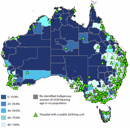 Map of Australia showing the locations of hospitals with public birthing units, as well as the proportion of Indigenous women of child-bearing age who live within a one-hour drive from a hospital in each region. Because most hospitals are located on the coast, women in central Australia have a lower rate of living within 1 hour of a hospital.