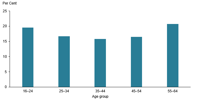 The column chart shows that the age group with the highest proportion that receive income support is those aged 55–64 (21%25) followed by those aged 16–24  (20%25) with the lowest for those aged 35–44 (16%25).