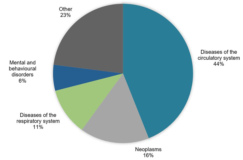 The pie chart shows the underlying causes of death when atrial fibrillation is an associated cause of death in 2018. Diseases of the circulatory system accounted for the greatest proportion of underlying causes of deaths (44%25) followed by other (23%25), neoplasms (16%25), diseases of the respiratory system (11%25) and mental and behavioural disorders (6%25).