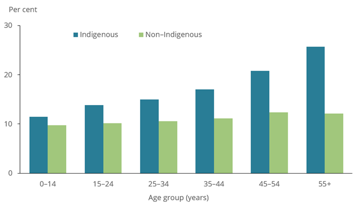 The bar chart shows the prevalence of asthma between Indigenous and non-Indigenous Australians in 2018–19. One in six (16%25) of Aboriginal and Torres Strait Islander people had asthma in 2018–19, with a higher rate among females (18%25) compared with males (13%25). The prevalence of asthma among Indigenous Australians was higher than that among non-Indigenous Australians in all age groups, but is more marked for older adults.