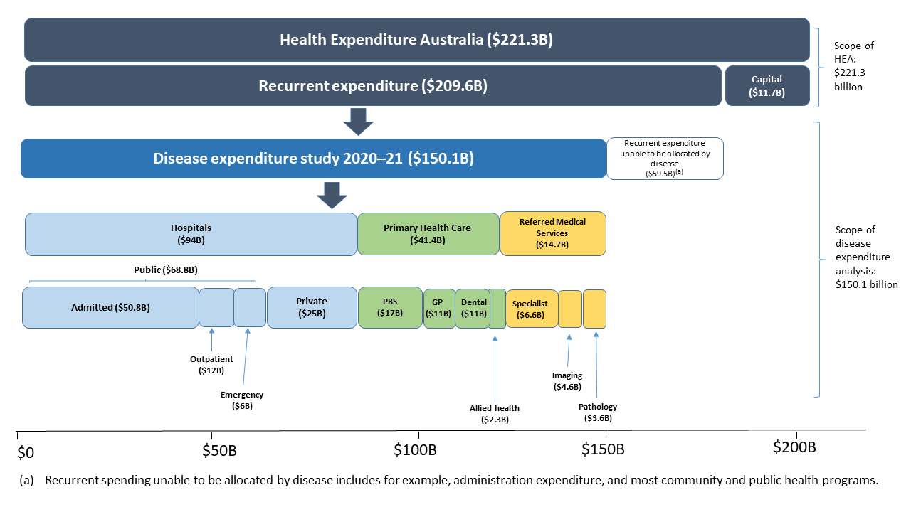 This figure shows of the $221.3 billion in health spending reported in the Health expenditure database, $150.1 billion could be allocated by disease.